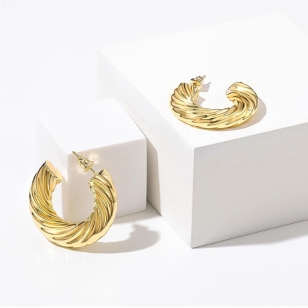 Gold 14k Gold Plated Textured Hoop Cuff Earrings